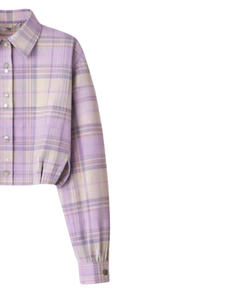 Chemisier court personnalisé à carreaux lavande pour femme, col rabattu, manches longues, boutonné, style décontracté, fabricant OEM - Product Image 3