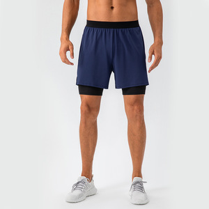 Men's Navy Blue Quick Dry Sport Shorts with Black Inner Liner Elastic Waist Front Logo Canvas Knitted Polyester <b>Athletic</b> Wear - Product Image 1
