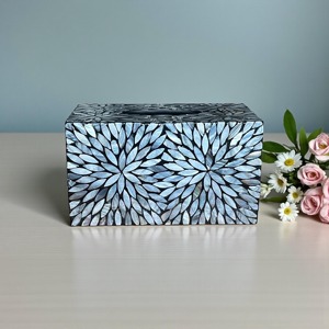 Luxury Black And White Floral Inlay Mother of Pearl Tissue Holder Ideal for Guest Room Welcome Setup and Hotel Suite Decor - Product Image 4