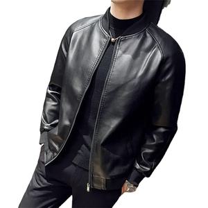 Veste en cuir PU pour hommes, vestes décontractées à col de baseball à la mode, vêtements d'extérieur en cuir de moto de couleur unie pour hommes - Product Image 3