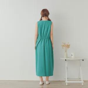 Women Organic Cotton V-Neck High Waist Breathable Plain Dyed Midi Bell Sleeve Slim A-Line Plus Size Minimalist Daily Wear Dress - Product Image 2