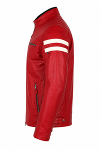 <b>Men's</b> <b>Red</b> Genuine <b>Leather</b> Motorcycle <b>Jacket</b> Stand Collar Zipper Closure Moto Biker Style Autumn Wear Regular Fit - Product Image 3