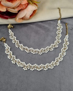 Paire de chevillères exquises en cristal perlé, finition or antique, bijoux de pied délicats pour mariage indien, Payal, ornés de pierres, vente en gros - Product Image 1