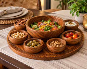 Acacia Wood Carved Polished Salad <b>Bowl</b> <b>Set</b> with 6 Small Serving <b>Bowls</b> Large Wooden Tray Premium Snack <b>Set</b> Wholesale - Product Image 2