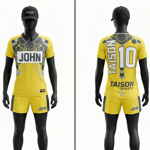 Women Handball Uniform 180 GSM Moisture Wicking Polyester Yellow Grey Geometric Panels Custom Sublimation <b>Athletic</b> Sports Kit - Product Image 1