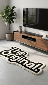 Alfombra de Lana Hecha a Mano con Tipografía Original Única, Antideslizante, Diseño en Blanco y Negro, Alfombra Decorativa para Sala de Estar - Product Image 2