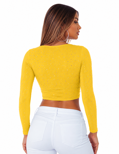 Wrap Tie Blouse V-Neck Sexy Crop <b>Top</b> Rhinestone Embellished women's shirt Custom Logo Cotton <b>Long</b> <b>Sleeve</b> Spring Summer Partywear - Product Image 2