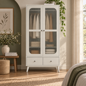 Armoire en bois de pin massif avec 2 tiroirs, rangement moderne pour chambre à coucher, portes en verre côtelé, finition naturelle - Product Image 1