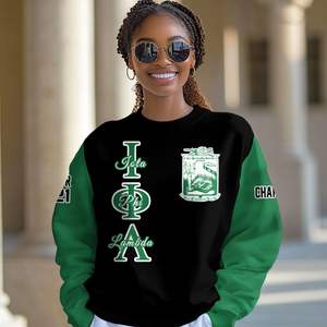 Iota Phi Lambda Custom Chapter Varsity Sweatshirt <b>Black</b> Emerald Green Greek Sorority Crest Pullover Since 1929 - Product Image 1