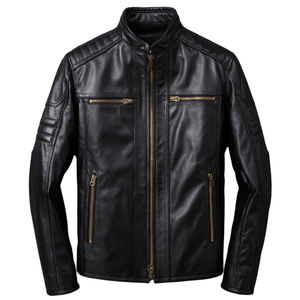 Chaqueta de Cuero Negra Personalizada para Hombre, Chaqueta de Motociclista Estilo Café Racer con Cremallera Bronce, Chaqueta de Moto con Hombros Acolchados, Corte Ajustado, Cuero Genuino OEM - Product Image 1