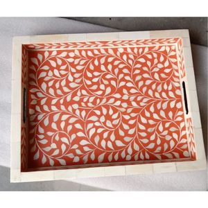 Plateau de service rectangulaire en bois fait main avec incrustations de os, plateau décoratif ottoman avec poignée, plateau à café de luxe à motif floral marocain - Product Image 6
