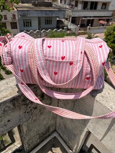 Luxury Durable Lightweight Eco-Friendly for Stripe Heart Print Cotton Duffle <b>Bag</b> Travel Overnight Gym Weekender <b>Bag</b> - Product Image 2