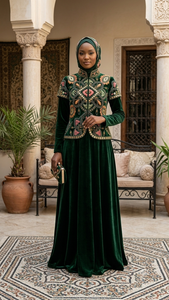 Motif de broderie sur velours vert foncé bicolore, motif 9000, matière de base pour veste ethnique femme, lehenga de mariée, abaya, décoration intérieure - Product Image 1