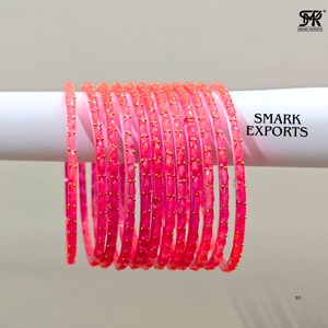 Trendy Hot Pink Glass <b>Bangles</b> Set Gold Beaded <b>Indian</b> Traditional Chudi Bridal Jewelry Stylish Women Fashion Bracelet - Product Image 1