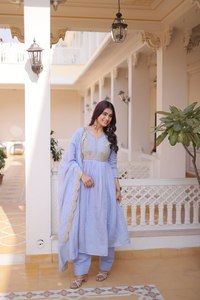 Sky Blue Color Elegance Premium Designer Readymade Ankle-Length Stretchable Quick Dry Mal Chanderi Party <b>Kurta</b> with Dupatta - Product Image 2