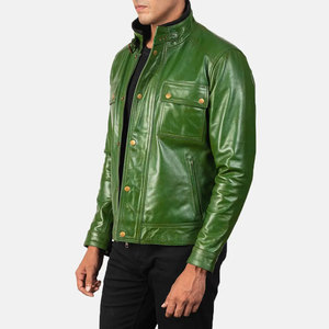 Econex Sports Men's Green PU Leather Breathable Moto <b>Jacket</b> Turn-down Collar Zipper Closure Button Details <b>Slim</b> <b>Fit</b> Winter High - Product Image 4