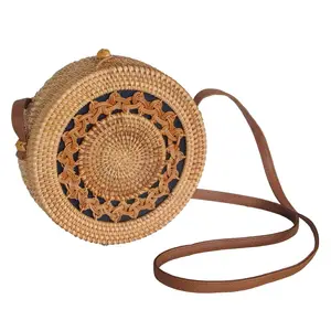 Best Quality Multi- function and convenient new fashion hot selling 2024 natural material round rattan bag handle leather