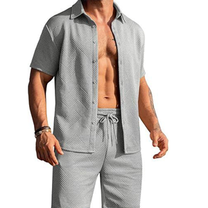 Ensemble deux pièces pour homme, chemise à manches courtes et short, style décontracté, en velours tricoté uni, pour les vacances, 100% coton - Product Image 1