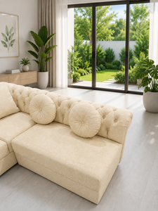 Sofá Esmeralda, Conjunto de Sofás Seccionales Cuadrados Modernos, Tela Ecológica con Botones, Respaldo Acolchado, Brazos Enrollados, para Sala de Estar/Apartamento - Product Image 6