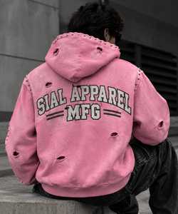 Sweat-shirt à capuche rose zippé Sial Apparel Mfg pour homme, style streetwear oversize, en molleton, avec clous et déchirures, 100 % coton, imperméable - Product Image 2