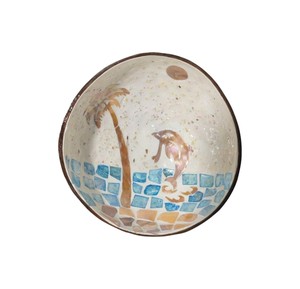 Tropical Mother of pearl coconut bowl with palm and dolphin <b>mosaic</b> art handcrafted organic dish for home decor display - Product Image 1
