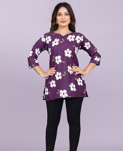 Purple Floral Printed Slub Cotton Kurtis For Women Casual Loose Fit Midi Length <b>Indian</b> Casual Wear <b>Top</b> and Short Printed Tunic - Product Image 1