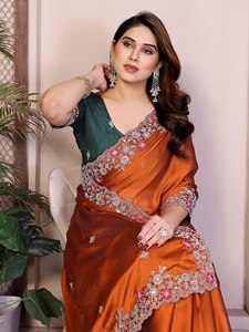 NiMa Creations Traditional Indian Silk Saree Embroidered Border Orange <b>Green</b> Blouse Wedding Party Wear Women Regular Fit Floor - Product Image 2