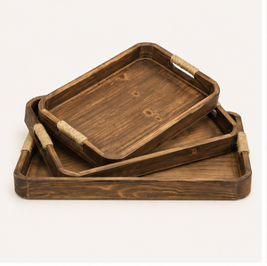 Ensemble de 3 plateaux de service rustiques en bois brun foncé avec poignées en corde de jute, plateaux rectangulaires décoratifs pour le café - Product Image 3