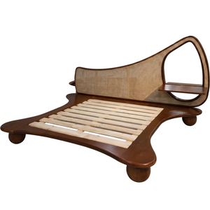 Contemporary Solid Wood <b>Queen</b> Platform <b>Bed</b> <b>Frame</b> with Rattan Headboard Custom Bedroom Furniture for Hotels Apartments & Villas - Product Image 2