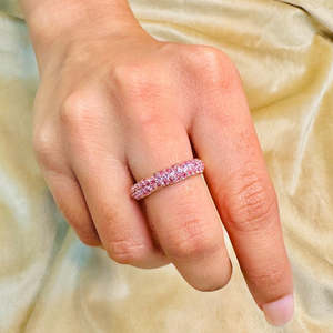 18K Solid Gold Pink Sapphire <b>Dome</b> Wedding Band with Constellation Setting - Product Image 4
