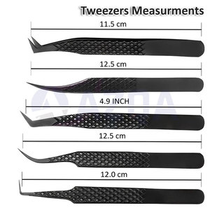 Juego de Pinzas para Extensión de Pestañas de Acero Inoxidable con Recubrimiento de Color Negro, Pinzas Curvas de Aislamiento de 45 y 90 Grados - Product Image 2