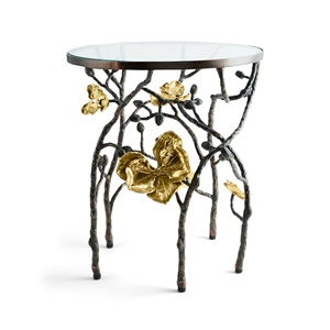 Mesa tapizada de lujo Saleem International 2026 con base decorativa de hoja de ginkgo en metal dorado para entrada o dormitorio - Product Image 5