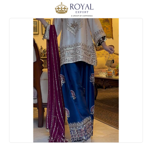 Magnifique collection de vêtements indiens de créateurs, ensemble Sharara en soie naturelle lourde avec broderie de sequins pour les mariages - Product Image 4