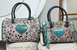 Hand-Tooled Cow Leather Large Speedy Duffel Bag with Turquoise Checkered <b>Heart</b> Western Design Custom Travel <b>Handbag</b> for Women's - Product Image 5