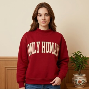 Women's Light Blue Crew Neck <b>Sweatshirt</b> With <b>Pink</b> "Only Human" Letter Custom College Mock Neck Pullover With Embroidery Logo - Product Image 4