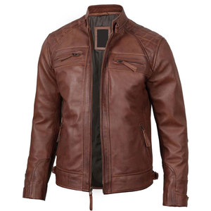 Veste moto en cuir véritable marron pour homme, col montant, fermeture éclair, coupe ajustée, longueur standard, pour l'automne - Product Image 3