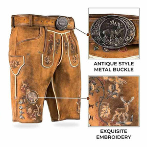 Wholesale <b>Men</b> Genuine Leather Lederhosen Tan Brown Bavarian Oktoberfest Embroidered German Leather <b>Shorts</b> Custom OEM - Product Image 5