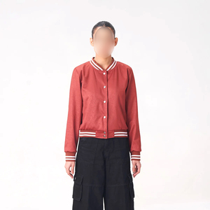 Women's <b>Red</b> Varsity Jacket Full Sleeve Button Up Collar Solid Color Autumn Wear Woven Polyester <b>Material</b> With Own Logo Print - Product Image 1