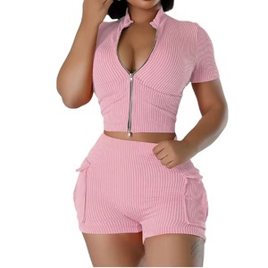 Plus Size Women's Striped Knitted Crop <b>Top</b> Set Short Sleeve V-Neck Shorts Outfit Summer Casual Wear - Product Image 1