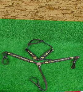 Horse tack western breast collar <b>leather</b> chest <b>harness</b> concho studded bead design adjustable strap riding halter gear set - Product Image 1