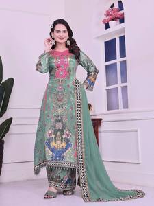 Kurta en soie verte brodée avec dupatta, tenue ethnique traditionnelle indienne et pakistanaise pour femmes, longueur au sol, vêtements de mariage - Product Image 2