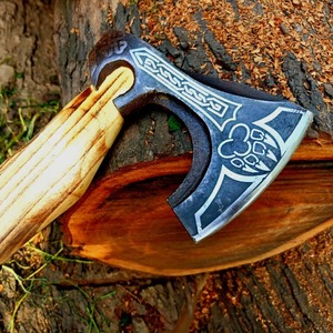 Customized Norse Style Tomahawk <b>Axe</b> With Engraved Steel Blade And Wooden <b>Handle</b> For Survival Use - Product Image 3