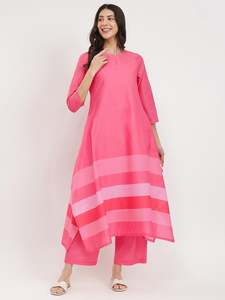 Robe maxi asymétrique rayée rose avec manches trois quarts, col rond, coupe ample, tenue décontractée d'été, tissu en mousseline de soie tissée - Product Image 3