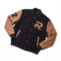 Veste universitaire pour homme RYDOM noire avec manches en cuir marron, logo brodé, col rabattu, simple boutonnage, pour l'automne