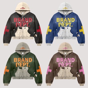 Fabricantes de Ropa para Hombre: Sudadera con Capucha Personalizada de Forro Polar Grueso con Cremallera, Estampado Vintage de Llamas, Estilo Streetwear, Lavado Ácido y Efecto Desgastado - Product Image 3