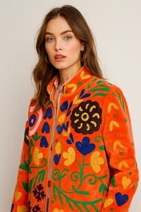 Orange Velvet Bomber <b>Jacket</b> With Hand Embroidered Floral Pattern Stand Collar Zipper Closure Full Sleeve Women's Autumn <b>Jacket</b> - Product Image 1