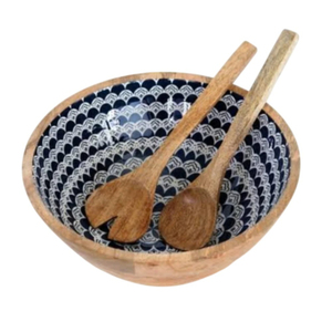 Juego de Ensaladera de Madera de Mango Natural Hecha a Mano con Servidores a Juego, Tazón Redondo para Servir con Esmalte Azul, Utensilios de Cocina para el Hogar - Product Image 1