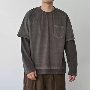 เสื้อยืดโอเวอร์ไซส์ผ้าฝ้ายสองชั้น แขนยาว คอกลม พิมพ์ลายลำลอง แต่งขอบตัดกัน ผ้าถัก ยับยาก ใส่ได้ทั้งชายและหญิง - Product Image 2