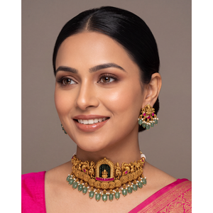 Indian Ethnic Vaidehi South Indian <b>Gold</b> Plated Choker <b>Set</b> with CZ Earrings for Bridal & Festival - Product Image 1