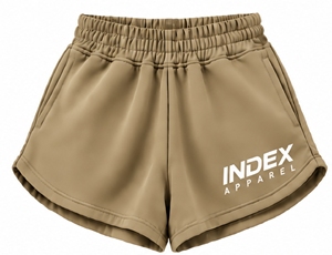 กางเกงขาสั้นผ้าโพลีเอสเตอร์ถักสีกากีสำหรับผู้หญิงจาก Index Apparel พร้อมเอวยางยืดและกระเป๋า สไตล์ลำลองสปอร์ต - Product Image 1